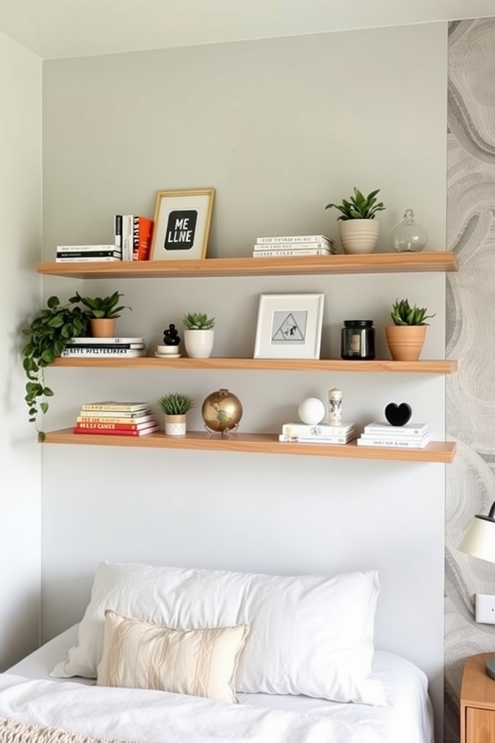 Floating shelves adorned with carefully curated decorative items create an inviting and stylish atmosphere in the bedroom. The shelves feature a mix of books, plants, and unique artifacts that reflect personal taste and add character to the space. The wall design incorporates a soothing color palette, with soft pastels or rich neutrals that complement the floating shelves. Textured wallpaper or a subtle mural enhances the visual interest, making the wall a focal point in the room.