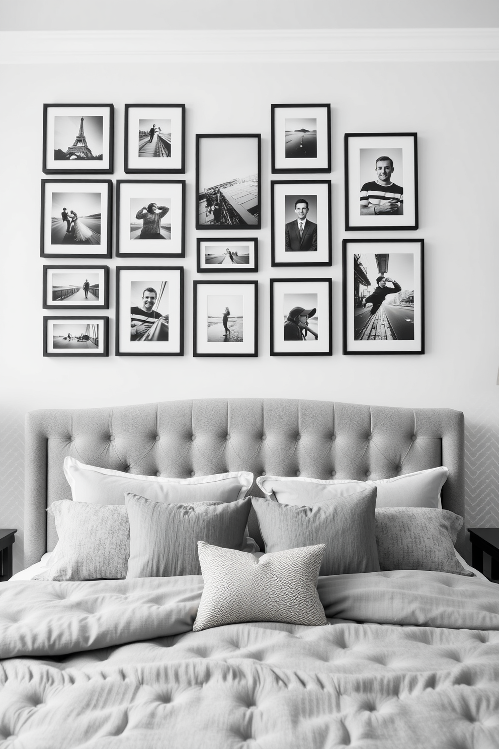 A personalized wall clock serves as a stunning focal point above a sleek upholstered bed. The walls are painted in a soft gray hue, complemented by accent pillows in vibrant colors that tie the room together. Incorporate floating shelves on either side of the clock to display curated art pieces and books. The overall design blends modern elements with a touch of warmth, creating an inviting atmosphere.