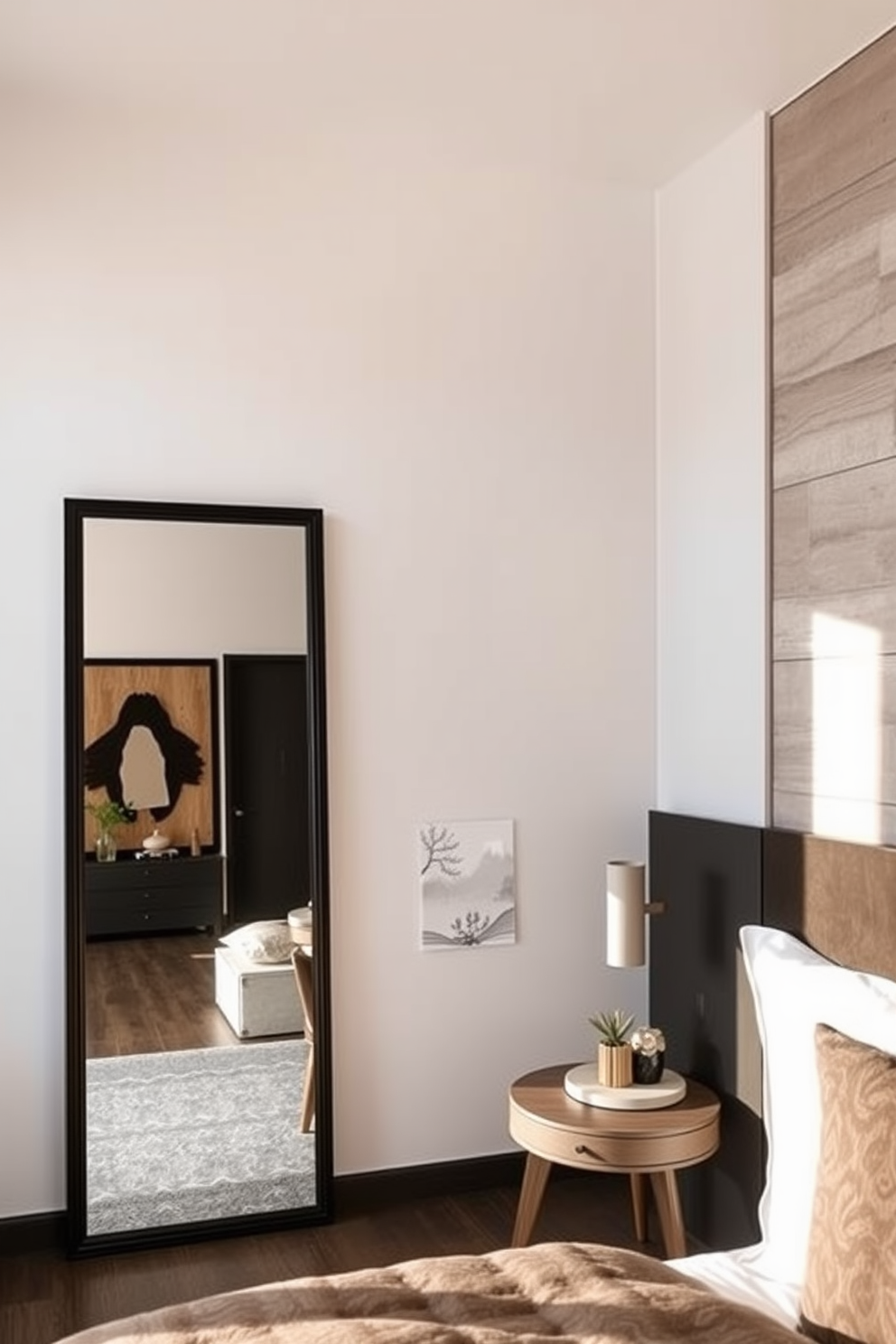 A large oversized mirror is mounted on the wall, reflecting natural light and creating an illusion of depth in the space. The bedroom features a stylish wall design with textured panels in soft neutral tones, enhancing the overall ambiance.