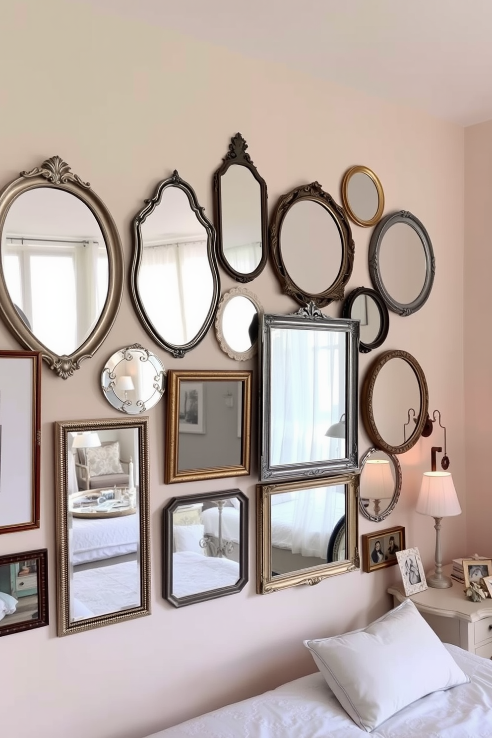 A collection of vintage mirrors is arranged creatively on the wall, reflecting light and adding depth to the space. The mirrors vary in size and shape, creating an eclectic yet harmonious display that enhances the bedroom's character. The walls are painted in a soft pastel hue, complementing the vintage aesthetic while providing a serene backdrop. Decorative elements such as framed artwork and subtle lighting fixtures are incorporated to enhance the overall design.