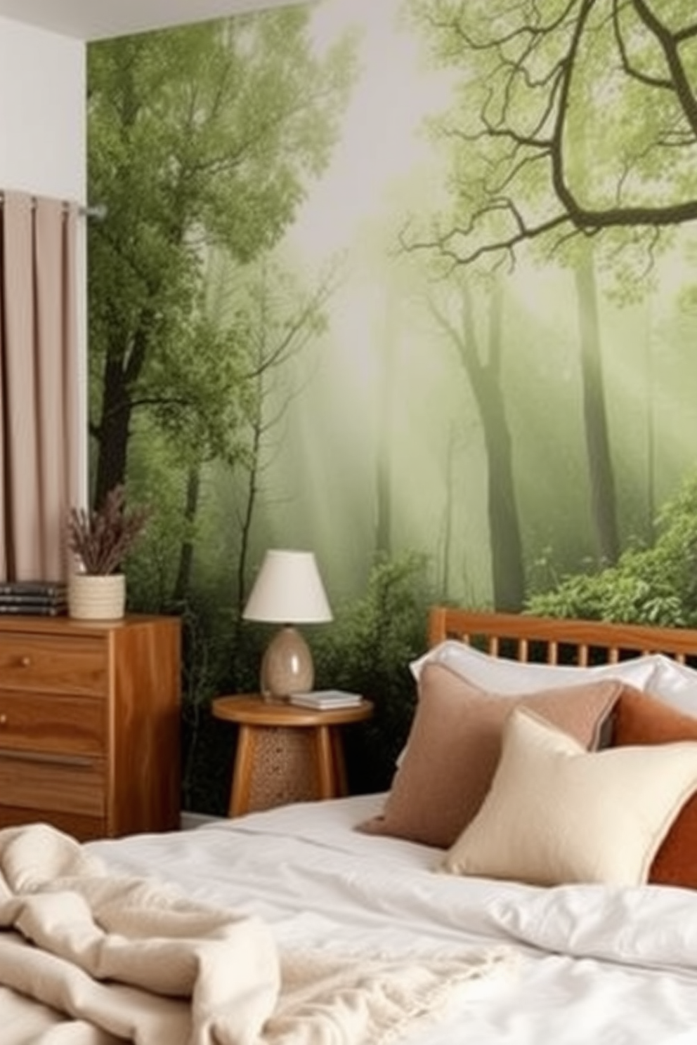 A serene bedroom featuring a nature-inspired mural that depicts a tranquil forest scene with soft green hues and gentle sunlight filtering through the trees. The mural creates a calming effect, enhancing the overall ambiance of the space while complementing the neutral-toned bedding and wooden furniture. The walls are adorned with subtle textures that mimic natural elements, such as soft linen or woven fabrics. Accent pieces like decorative pillows and a cozy throw blanket in earthy tones further enhance the connection to nature, making the bedroom a peaceful retreat.