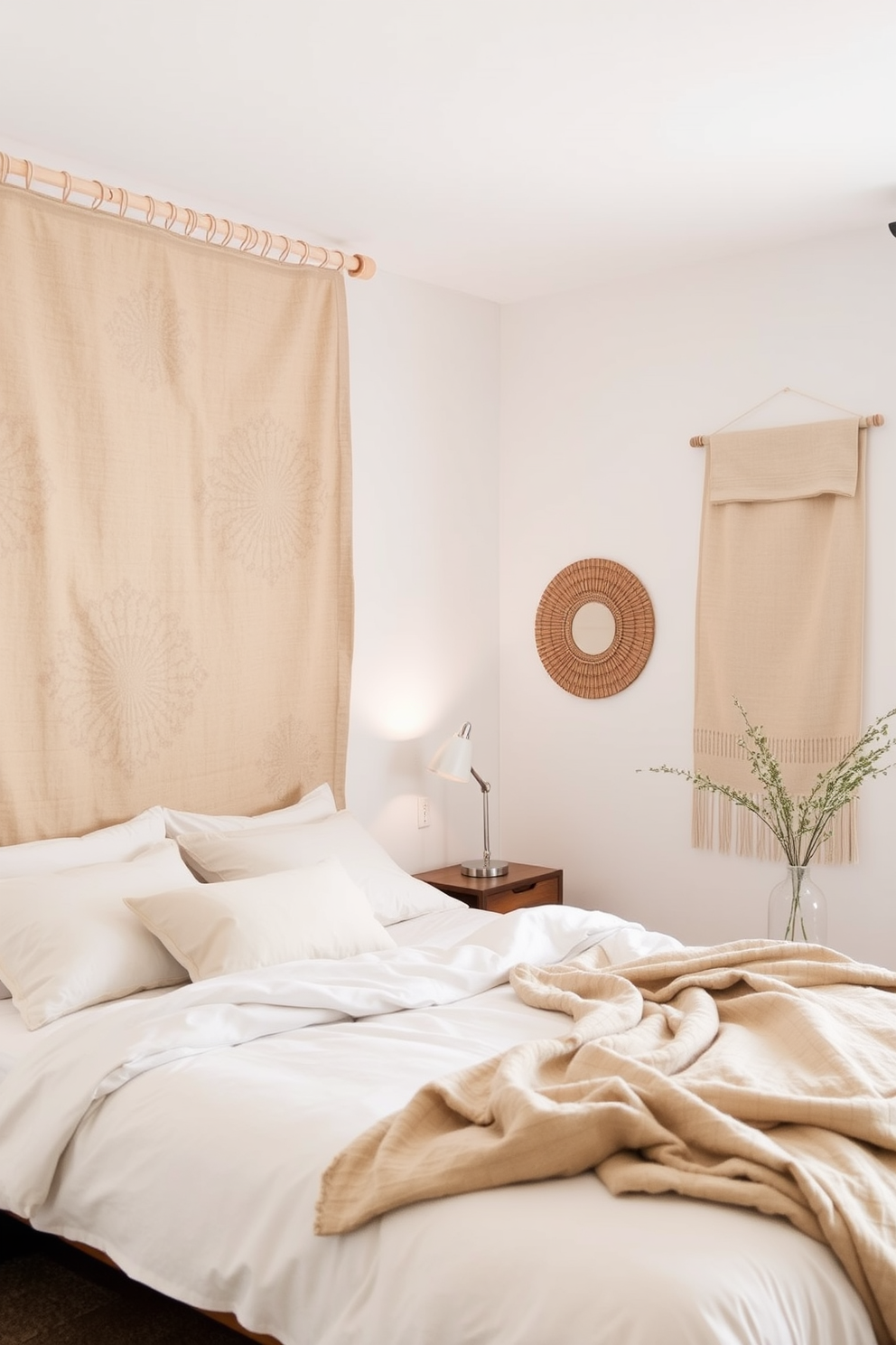 A cozy bohemian bedroom adorned with vibrant tapestries hanging on the walls. The tapestries feature intricate patterns and earthy tones, creating a warm and inviting atmosphere. A large tapestry serves as a focal point above the bed, complemented by layered bedding in rich textures. Natural light filters through sheer curtains, enhancing the eclectic decor that includes potted plants and handmade accessories.