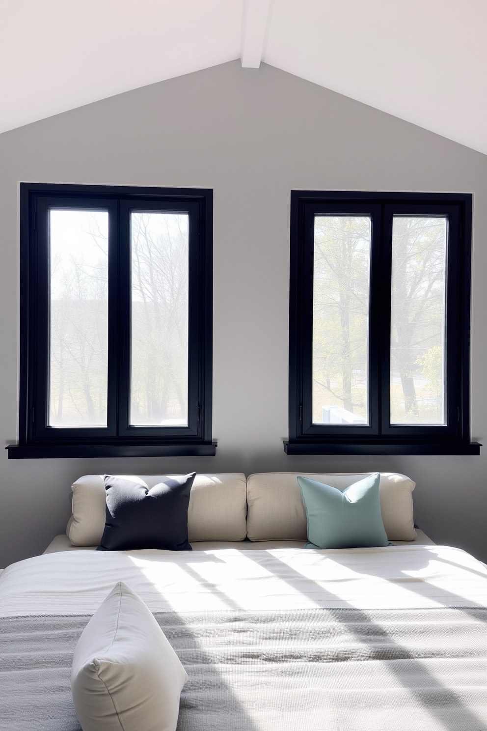 A modern bedroom featuring black framed windows that allow natural light to flood the space. The windows are complemented by sheer white curtains that softly diffuse the sunlight while providing privacy. The walls are painted in a calming light gray, creating a serene backdrop for the room. A plush bed with a stylish headboard sits below the windows, adorned with decorative pillows that add a pop of color.