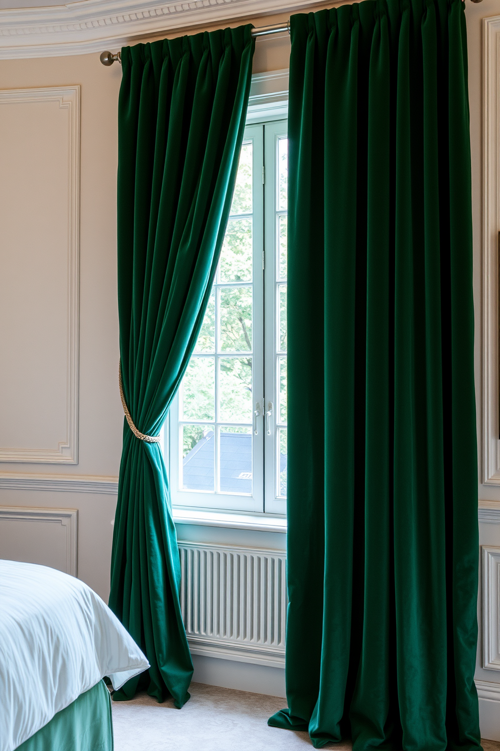 A luxurious bedroom window adorned with rich velvet curtains that cascade elegantly to the floor. The curtains are a deep emerald green, complementing the soft, neutral tones of the room's decor.