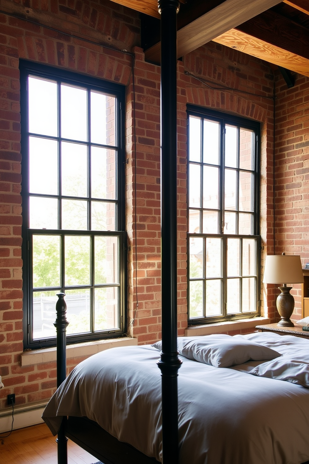 A cozy bedroom featuring industrial style metal windows that allow natural light to flood the space. The windows are framed with black metal, complementing the exposed brick walls and wooden beams above. The room is adorned with a plush bed dressed in neutral linens, creating a warm and inviting atmosphere. To the side, a vintage wooden nightstand holds a stylish lamp and a few carefully chosen books.