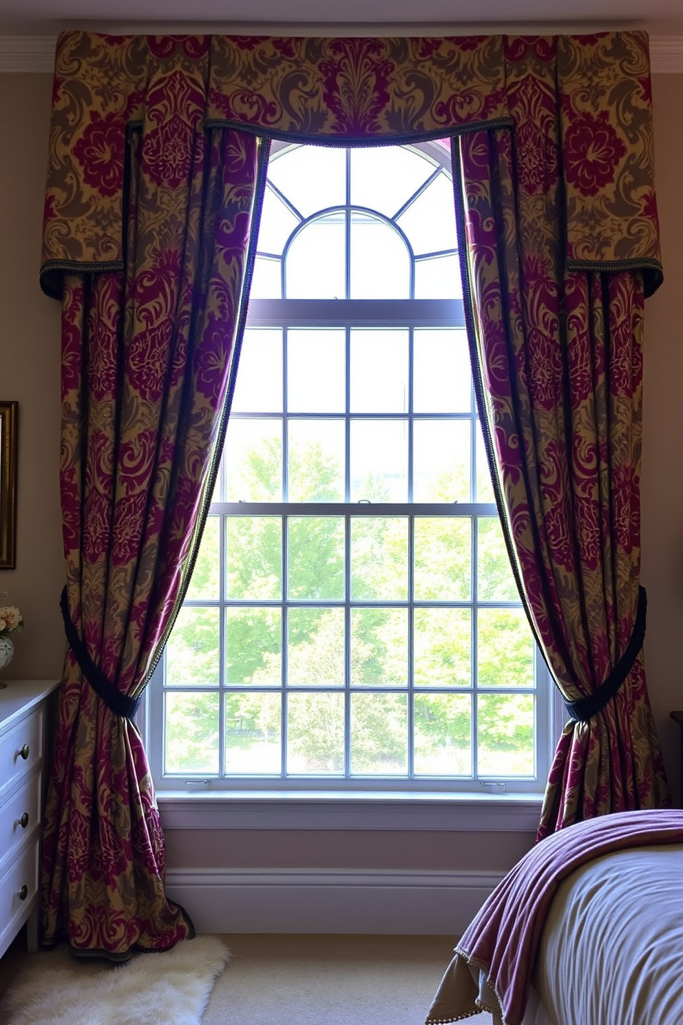 A striking bedroom window adorned with bold patterned curtains that serve as a statement piece. The curtains feature vibrant colors and intricate designs, complementing the overall decor while enhancing the natural light filtering through the window.