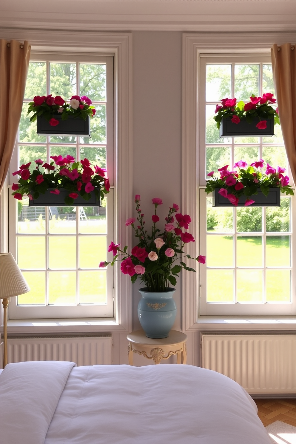 A cozy bedroom featuring large windows adorned with charming window boxes brimming with vibrant flowers. The natural light floods the room, highlighting soft pastel colors on the walls and the elegant furnishings.