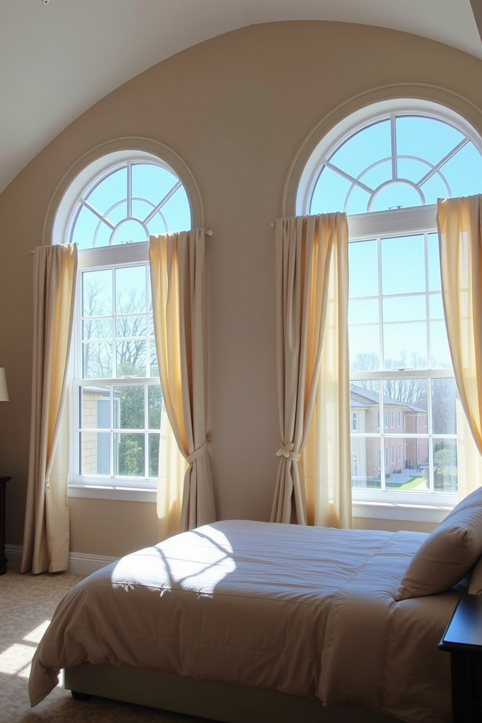 A serene bedroom featuring arched windows that allow natural light to flood the space. The soft drapery complements the elegant curves of the windows, enhancing the room's timeless appeal. The walls are painted in a warm neutral tone, creating a cozy atmosphere. A plush bed with luxurious bedding is positioned beneath the windows, inviting relaxation and comfort.