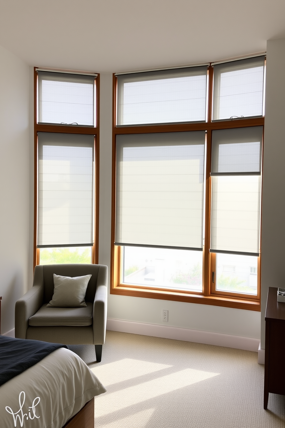 A sleek bedroom featuring large windows adorned with motorized shades that seamlessly blend style and functionality. The shades are made of a light-filtering fabric in a soft gray tone, allowing natural light to gently illuminate the space while providing privacy. The windows are framed with minimalist wooden trim that complements the room's contemporary aesthetic. A cozy reading nook is positioned beside the window, complete with a plush armchair and a small side table for added comfort.