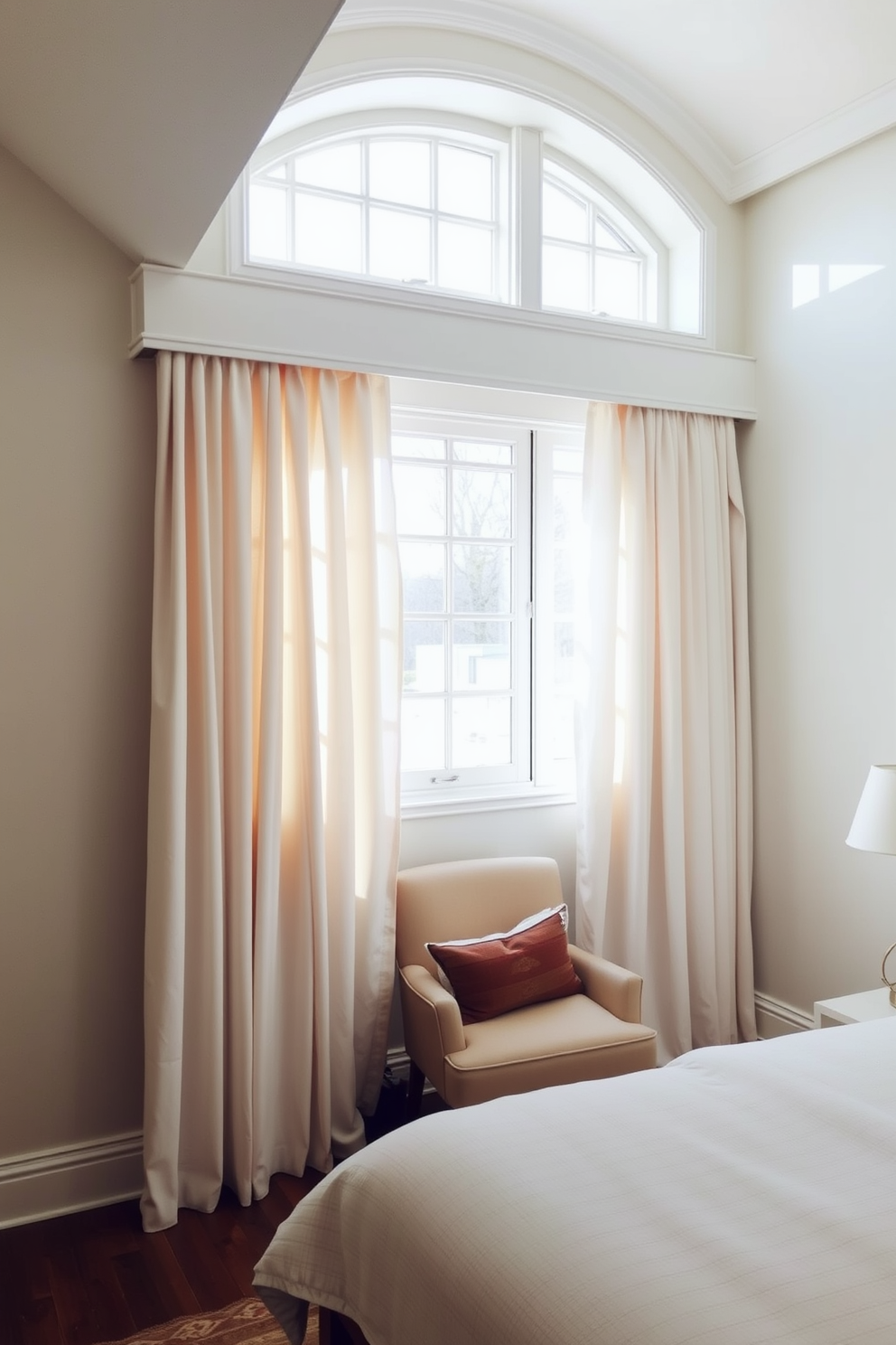 A serene bedroom featuring transom windows that enhance natural light and architectural interest. The windows are positioned above the main window, creating a layered effect that draws the eye upward. The main window is adorned with soft, flowing curtains in a light fabric, allowing gentle light to filter through. A cozy reading nook is set beneath the window, complete with a plush chair and a small side table for books and a cup of tea.