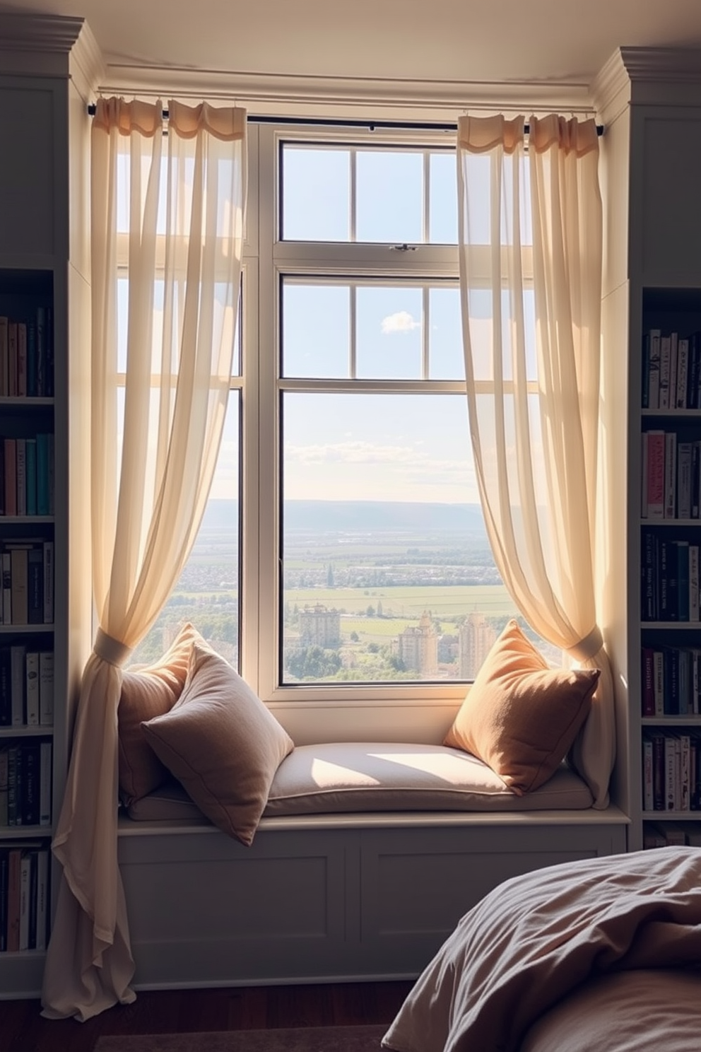 A cozy window seat is adorned with plush cushions in soft, inviting colors, creating a perfect nook for relaxation. Surrounding the seat, bookshelves filled with an array of books add a touch of warmth and character to the bedroom. The window frames a picturesque view, allowing natural light to flood the space and enhance the serene atmosphere. Sheer curtains gently filter the sunlight, providing privacy while maintaining an airy feel in the room.