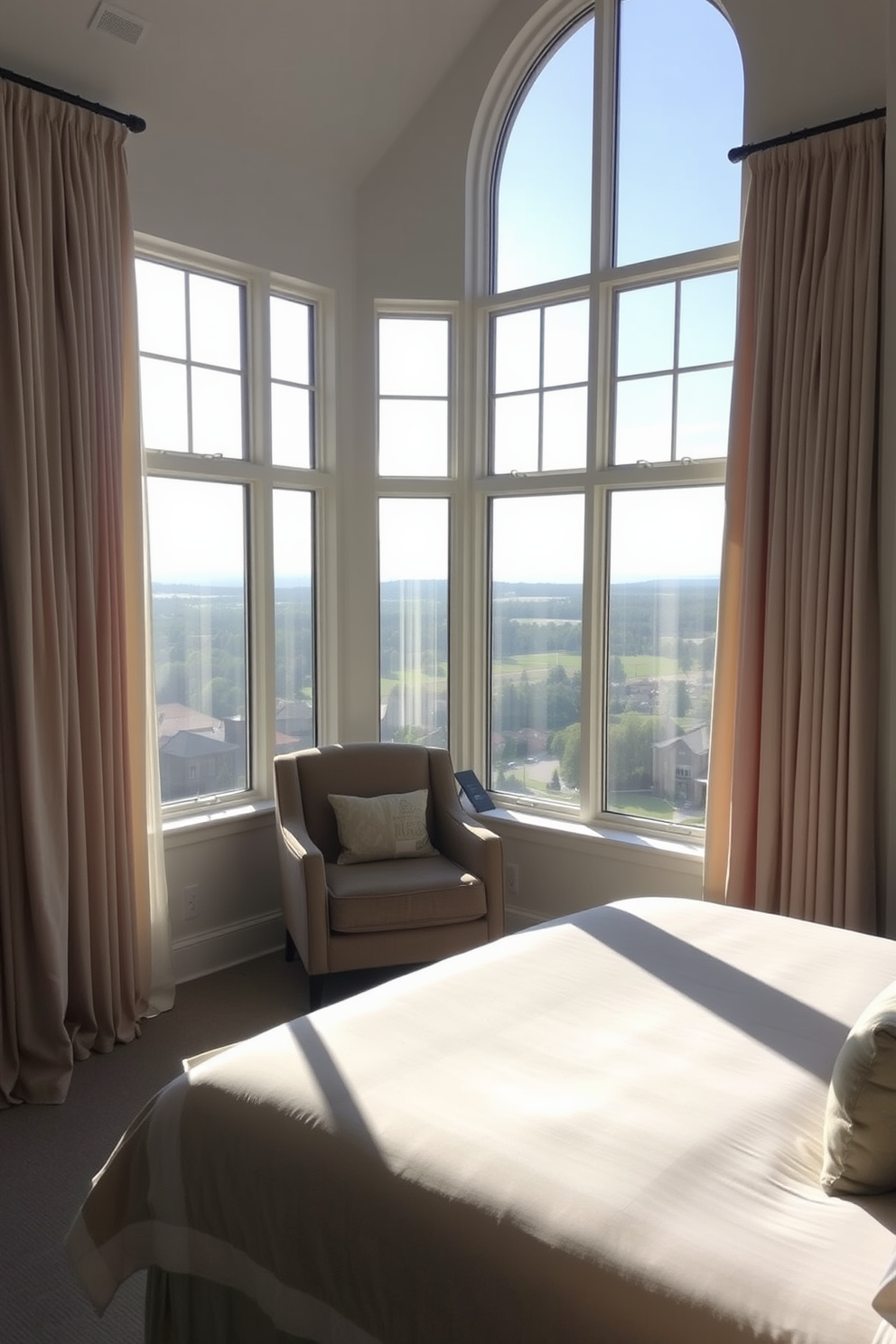 A serene bedroom featuring corner windows that provide panoramic views of the surrounding landscape. The windows are framed with soft, flowing drapes that complement the room's color palette. The bed is positioned to take full advantage of the natural light streaming in from the windows. A cozy reading nook is created beside the window, with a plush armchair and a small side table for books and beverages.