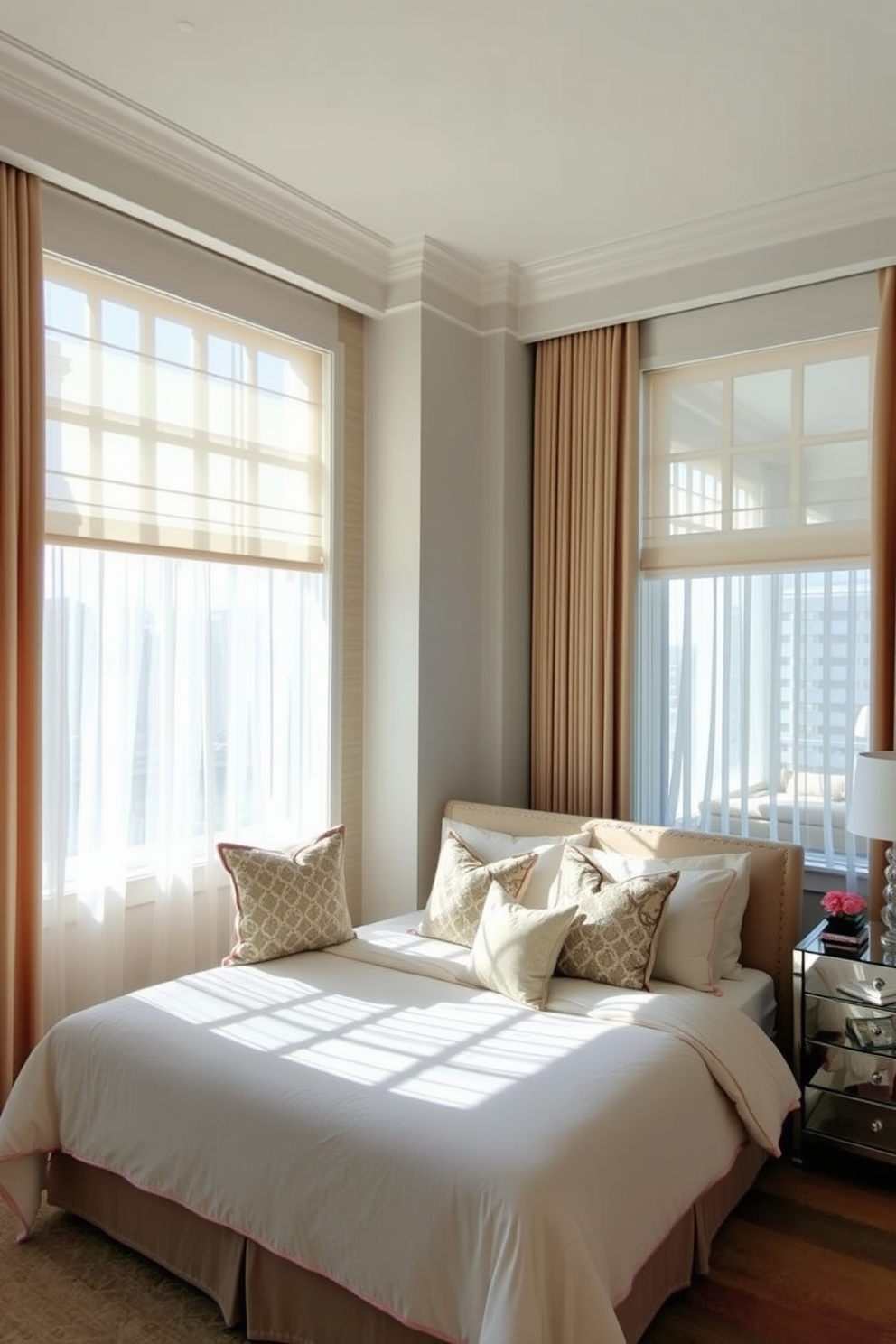 A cozy bedroom featuring mirrored window treatments that enhance the spacious feel of the room. The large windows are adorned with elegant sheer curtains that reflect light and create a bright atmosphere. The bed is positioned near the windows, with plush bedding and decorative pillows adding a touch of luxury. A stylish bedside table on each side complements the overall design, creating a harmonious and inviting space.