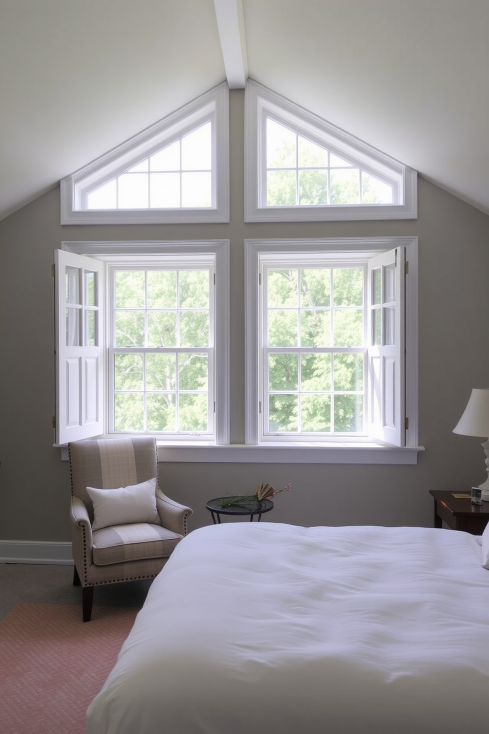 A cozy bedroom featuring large windows adorned with decorative molding around the edges. The windows are framed in a soft white finish, enhancing the natural light that floods the room. Luxurious curtains in a rich fabric drape elegantly from the top of the molding, adding texture and depth. The overall design creates a serene atmosphere perfect for relaxation and comfort.