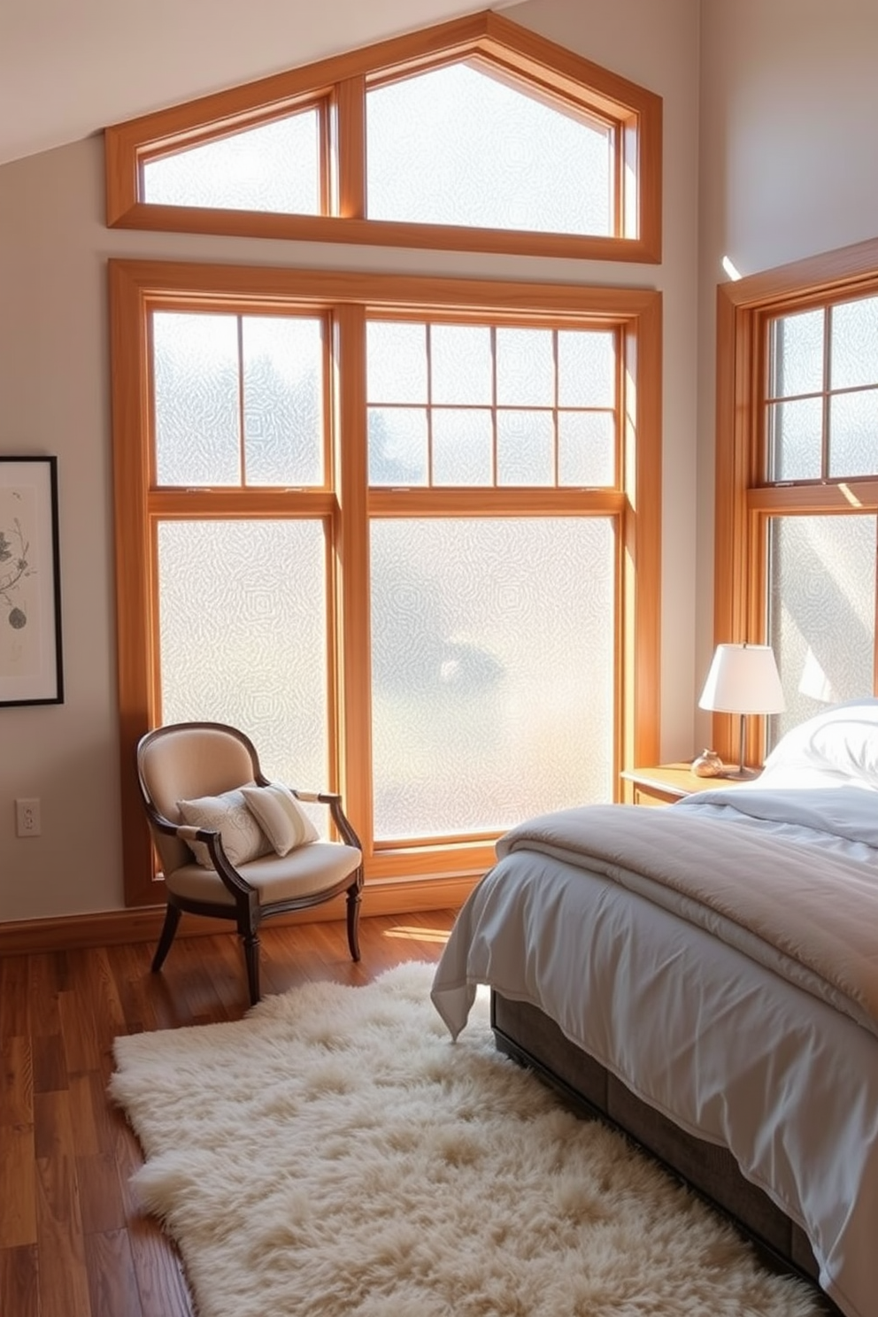 A serene bedroom setting featuring textured glass windows that allow soft light to filter in. The windows are framed in natural wood, complementing the calming color palette of the room. The bed is dressed in luxurious linens, and a plush area rug lies beneath it, adding warmth to the space. A cozy reading nook is positioned near the window, with a comfortable chair and a small side table.