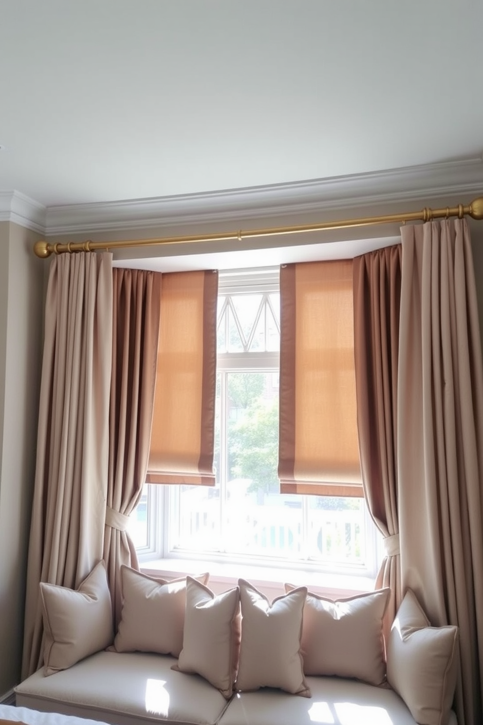 Elegant curtain rods adorned with decorative finials frame a large bedroom window. The rods are finished in a brushed gold, complementing the soft, sheer curtains that gently cascade to the floor. The window design features a large bay window that allows natural light to flood the room. Plush window seats are positioned below, creating a cozy nook for relaxation.