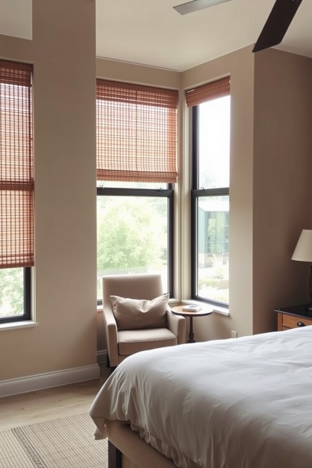 A serene bedroom featuring large windows adorned with bamboo shades that filter natural light beautifully. The walls are painted in a soft beige, creating a warm and inviting atmosphere. A cozy reading nook is positioned near the window, with a plush armchair and a small side table. The floor is covered with a natural fiber rug, enhancing the eco-friendly theme of the space.