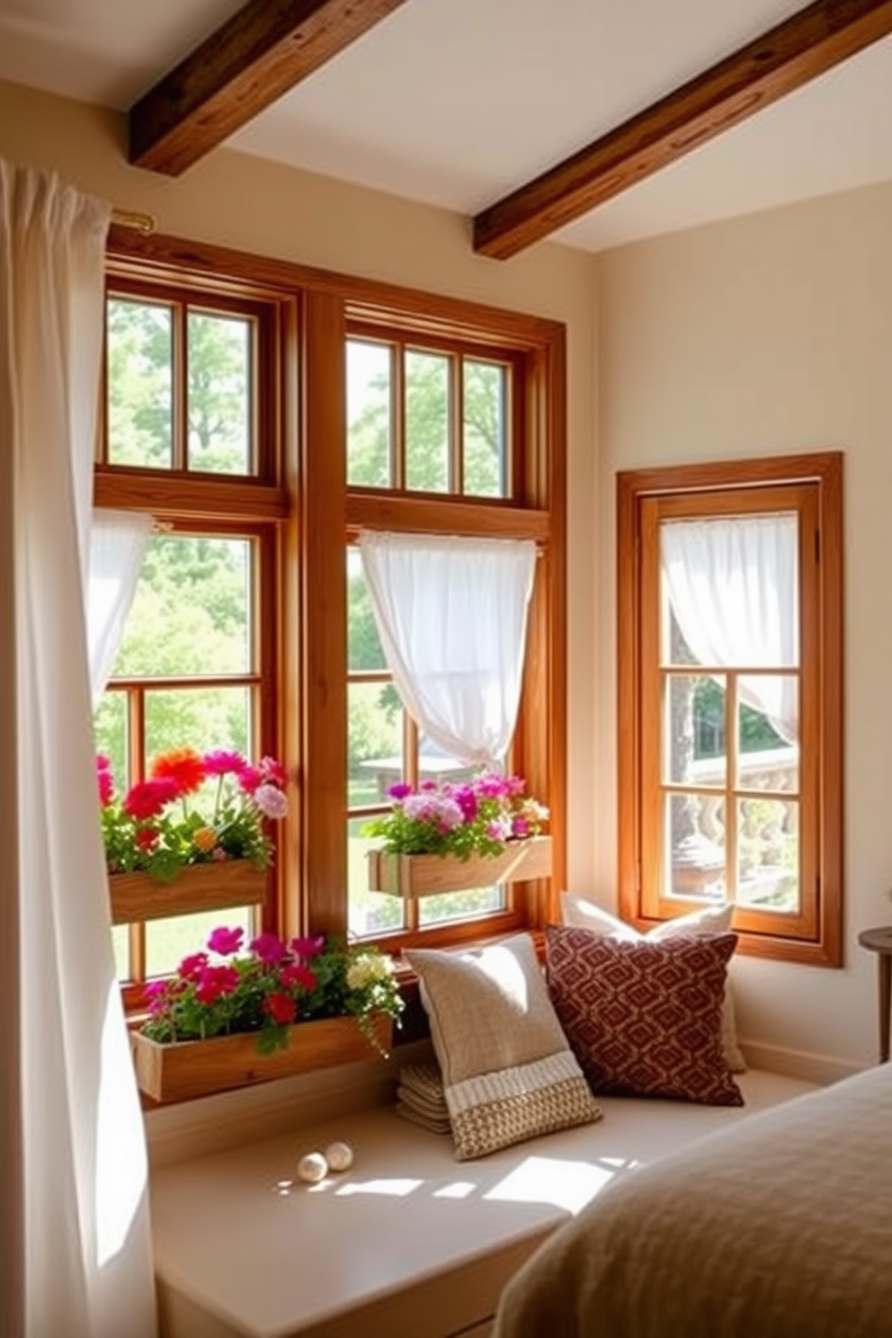 Cottage style windows with wooden frames and soft white curtains create a warm and inviting atmosphere. The windows are adorned with flower boxes overflowing with colorful blooms, enhancing the charm of the cozy bedroom. The design features a comfortable reading nook beside the window, complete with plush cushions and a small side table. Natural light floods the room, highlighting the rustic wooden beams and the pastel color palette of the walls.