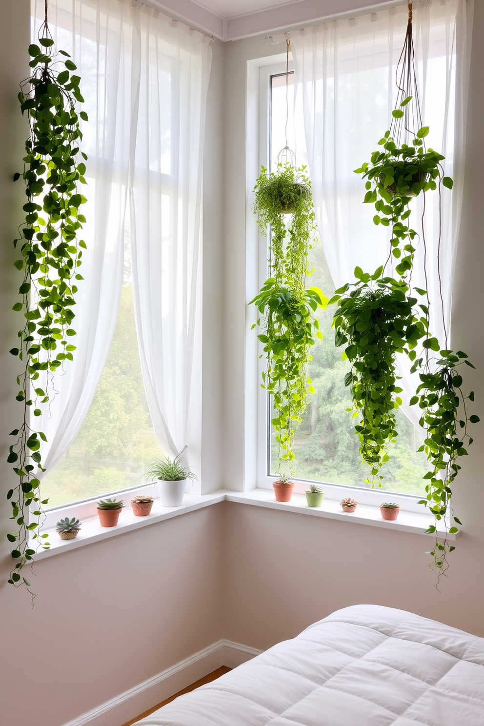 A serene bedroom featuring large windows adorned with sheer white curtains that allow soft natural light to filter in. In each corner, vibrant hanging plants cascade down, adding a touch of greenery and freshness to the space. The window sills are lined with small potted succulents, complementing the lush foliage from the hanging plants. The room is painted in calming pastel tones, creating a tranquil atmosphere perfect for relaxation.