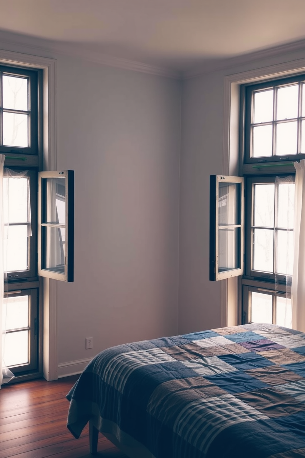 A cozy bedroom featuring vintage window frames that exude rustic charm. The windows are adorned with sheer white curtains that gently filter the sunlight, creating a warm and inviting atmosphere. The walls are painted in a soft pastel hue, complementing the wooden floorboards. A plush bed with a patchwork quilt is positioned beneath the windows, enhancing the room's vintage aesthetic.