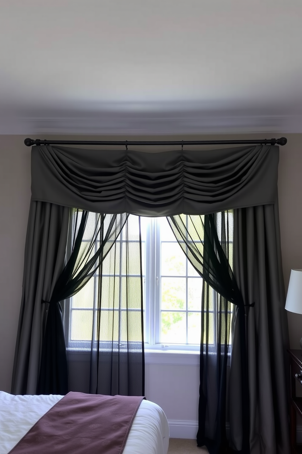 A beautifully designed bedroom window features layered drapes that create a stylish and inviting atmosphere. The sheer inner layer allows soft light to filter through while the heavier outer layer adds depth and elegance to the overall design.