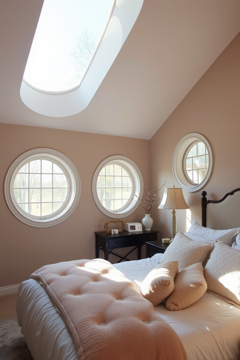 A serene bedroom featuring round windows that create unique architectural interest. Soft natural light filters through the glass, illuminating the cozy space adorned with plush bedding and elegant decor.