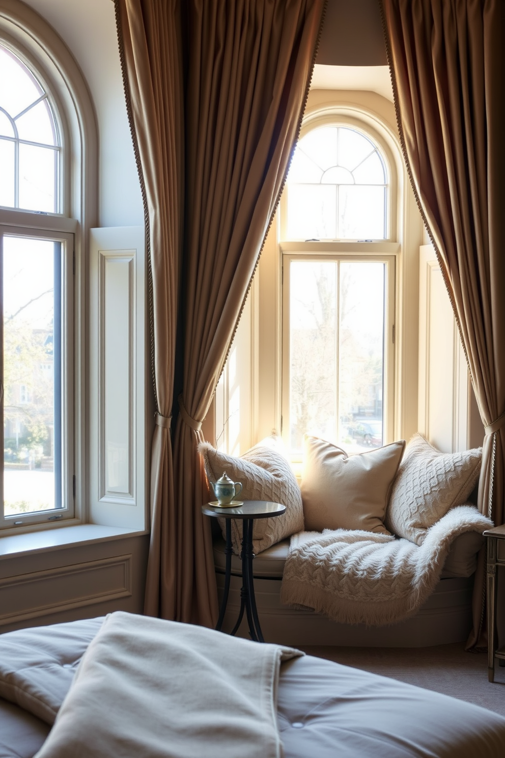 A cozy bedroom featuring bay windows that extend outward, creating a charming nook filled with plush cushions and soft throws. The natural light floods the room, illuminating the elegant furnishings and warm color palette. The bay windows are framed with luxurious drapes that complement the overall decor, enhancing the sense of space. A small table is positioned in the nook, perfect for enjoying morning coffee or reading a book in the sunlight.