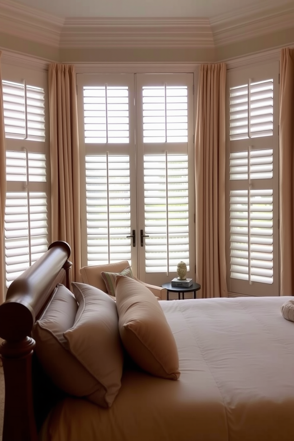 A serene bedroom featuring large plantation shutters that allow soft natural light to filter in. The shutters are painted in a crisp white, complementing the warm tones of the wooden bed frame and plush bedding. The windows are framed with elegant drapes that add a touch of sophistication to the room. A cozy reading nook is positioned by the window, adorned with a stylish armchair and a small side table.