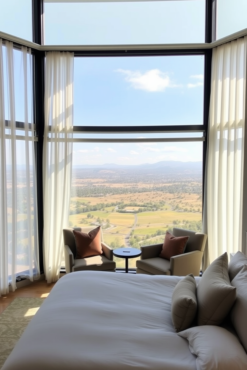 A cozy bedroom featuring layered drapes that create depth and texture around a large window. The drapes are composed of a sheer fabric in soft white and a heavier, patterned fabric in a deep blue, elegantly framing the view outside.