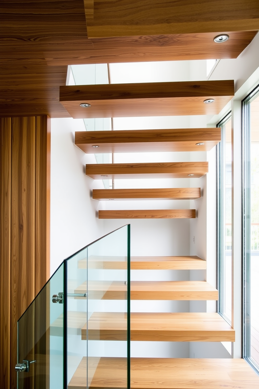 A stunning spiral staircase features sleek glass railings that create an airy and open feel. The staircase is crafted from rich hardwood, showcasing a beautiful grain that complements the modern design aesthetic. The treads are wide and inviting, offering both comfort and elegance as they gracefully ascend. Soft lighting embedded in the staircase adds a warm glow, highlighting the intricate details of the bespoke design.