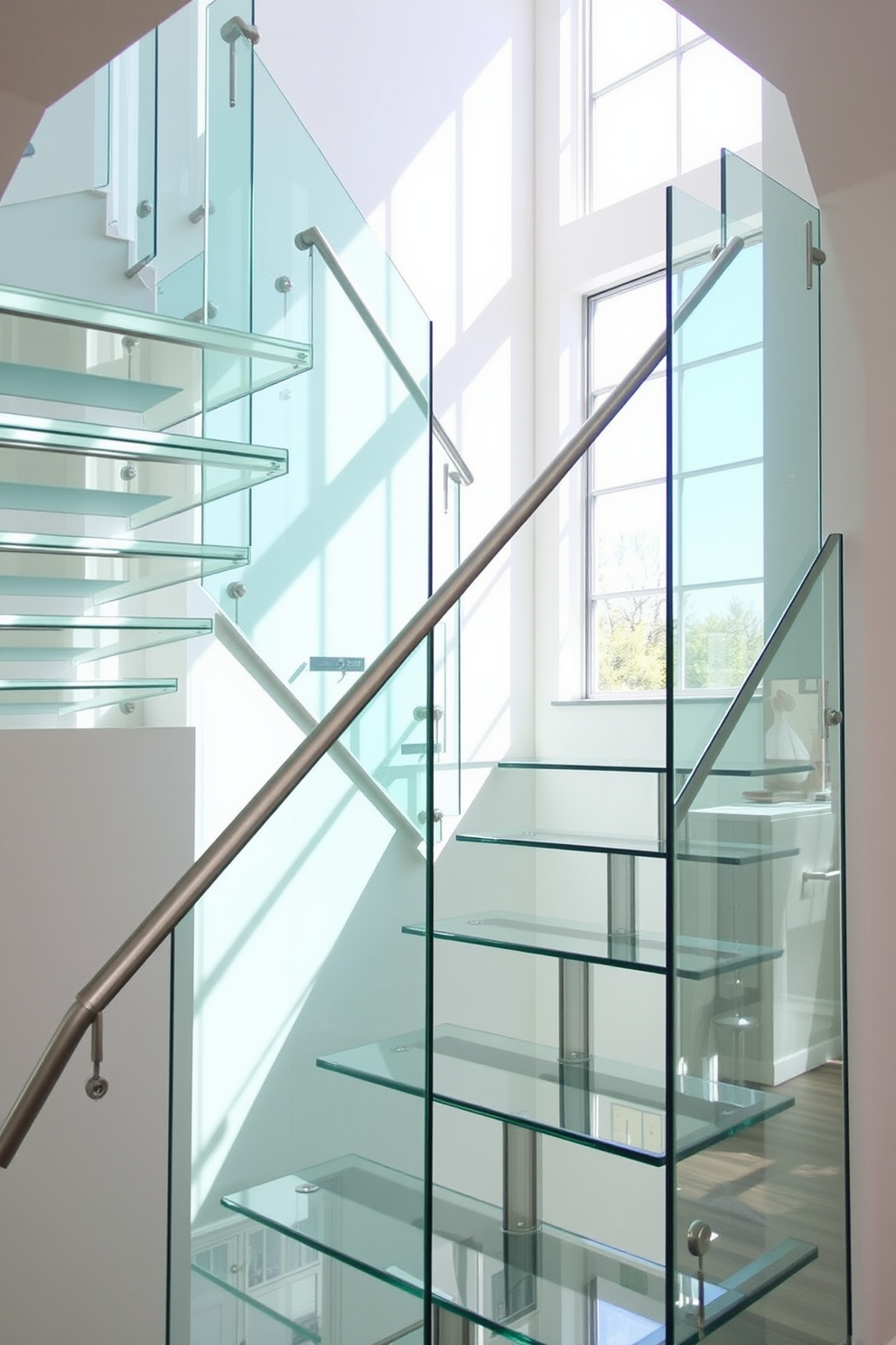 A striking glass staircase with sleek stainless steel supports elegantly ascends to the upper level. The transparency of the glass allows natural light to flow through, creating an airy and open atmosphere. The staircase features a custom design that seamlessly integrates with the surrounding architecture. Each step is crafted with precision, showcasing the beauty of modern materials and innovative engineering.