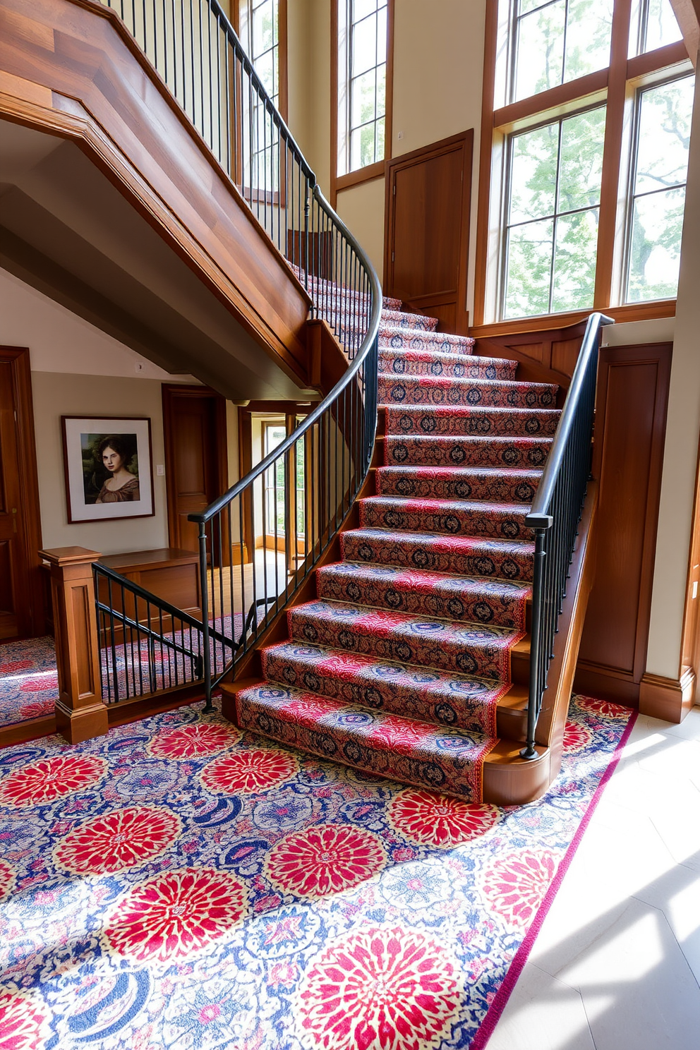 An open staircase elegantly curves through the space, featuring integrated bookshelves that seamlessly blend into the design. The wooden steps are complemented by a sleek metal railing, while the bookshelves are filled with an array of books and decorative items, creating a warm and inviting atmosphere.