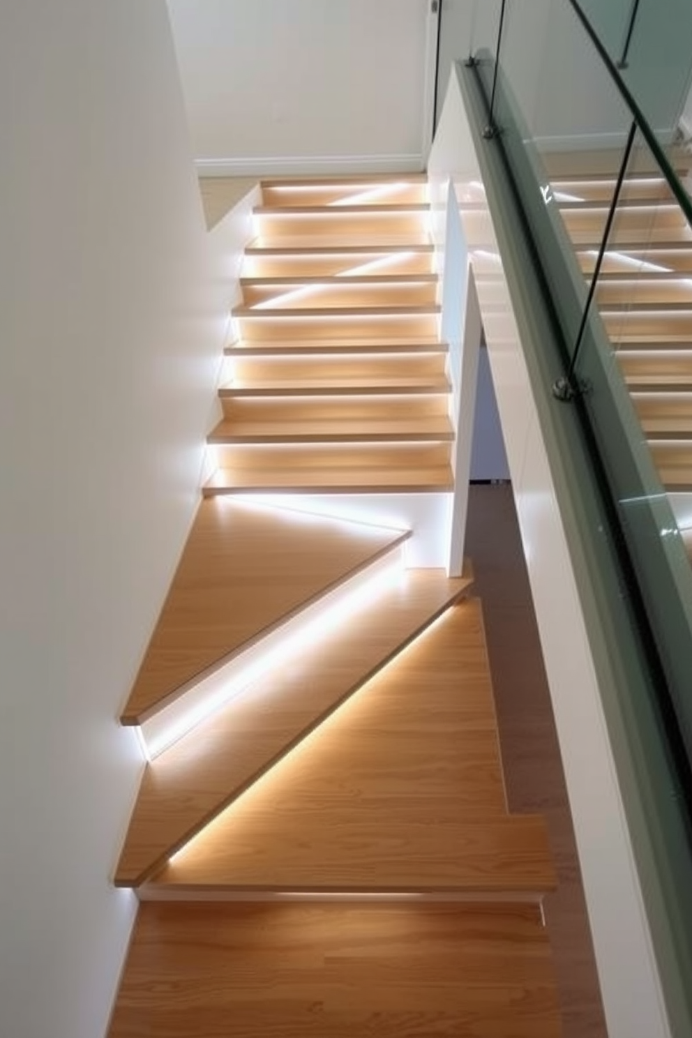 A stunning staircase design featuring upholstered risers that provide both comfort and elegance. The staircase is surrounded by a sleek glass railing that enhances the modern aesthetic while allowing natural light to flow through the space. The color palette consists of soft neutrals and rich textures that create a warm and inviting atmosphere. A statement chandelier hangs above, illuminating the staircase and adding a touch of luxury to the overall design.