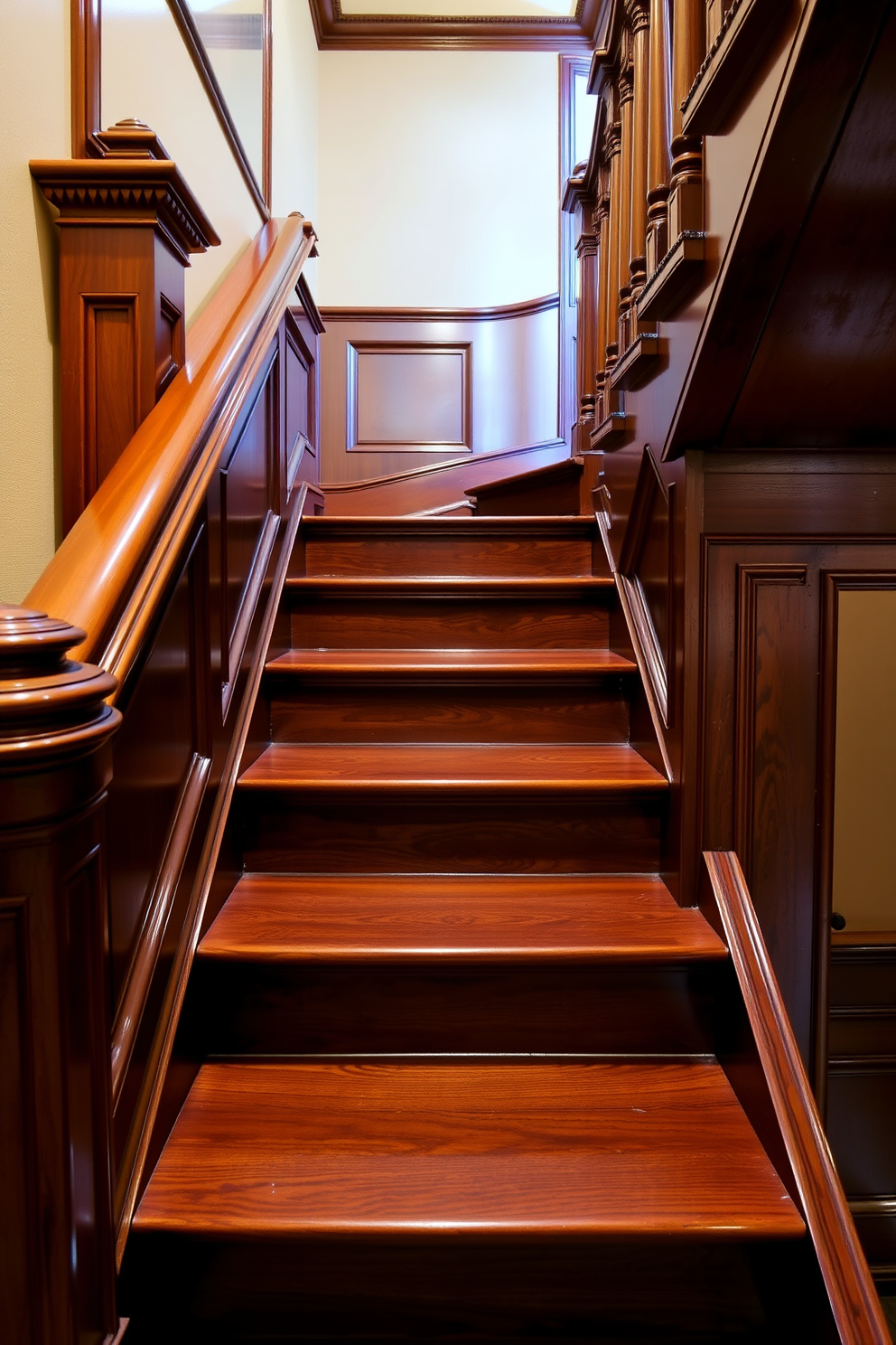 An industrial staircase with exposed beams showcases a raw and edgy aesthetic. The steps are crafted from reclaimed wood, and the railings feature black metal accents that enhance the industrial vibe. The staircase is illuminated by pendant lights hanging from the ceiling beams, creating a warm glow. Surrounding the staircase, the walls are painted in a soft gray, providing a subtle contrast to the bold design elements.