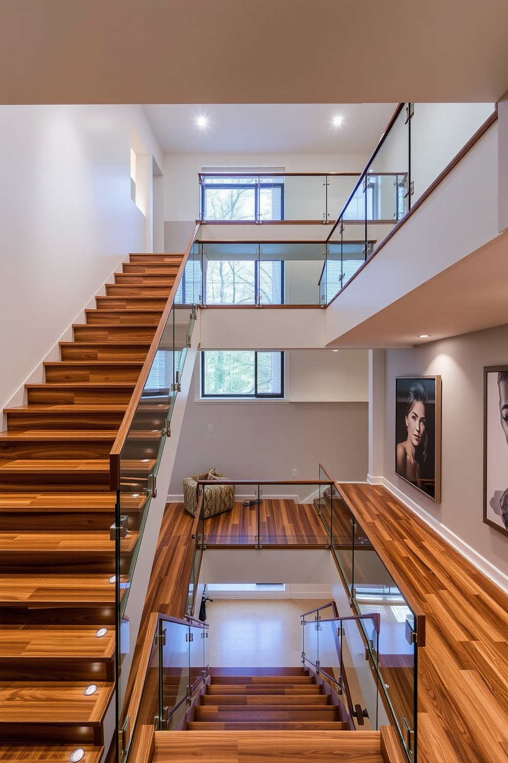 A grand staircase featuring intricate mosaic tile accents that create a stunning visual impact. The staircase is elegantly designed with a curved shape, leading to a spacious landing adorned with decorative elements. The mosaic tiles incorporate a blend of vibrant colors and patterns, enhancing the overall aesthetic of the space. Soft lighting illuminates the staircase, highlighting the craftsmanship and inviting a sense of warmth and sophistication.