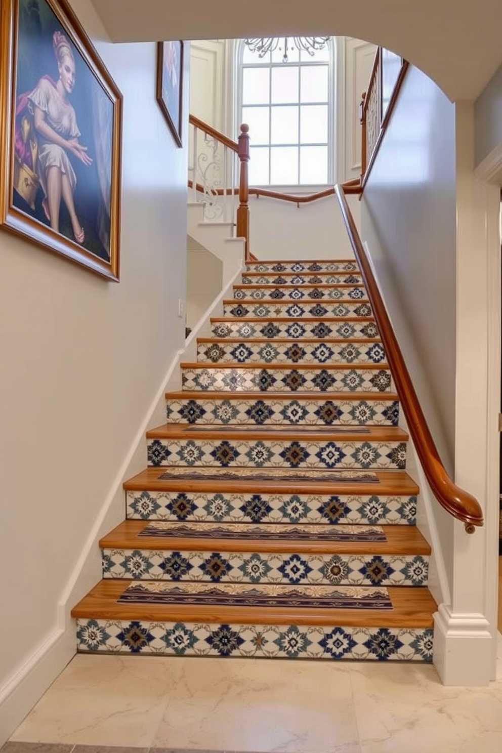 An elegant spiral staircase gracefully winds upward, framed by a grand entrance that boasts high ceilings and large windows allowing natural light to flood the space. The staircase features a polished wooden handrail and intricately designed wrought iron balusters, creating a stunning focal point in the entryway. The steps are crafted from rich mahogany, contrasting beautifully with the light-colored walls adorned with tasteful artwork. A plush area rug lies at the base of the staircase, adding warmth and inviting guests to admire the bespoke design.