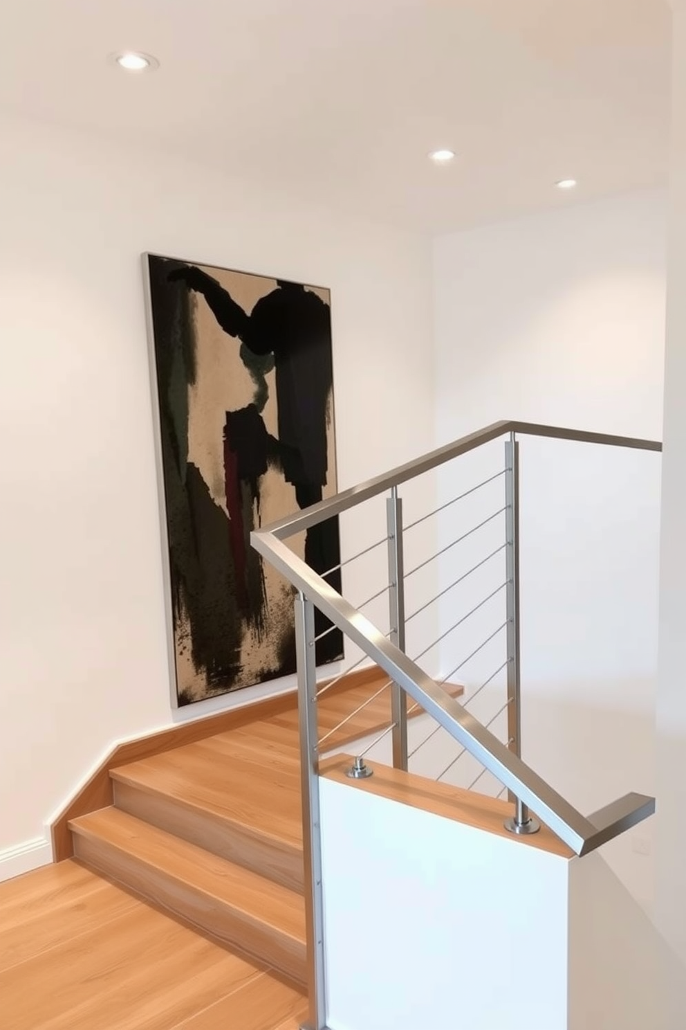 A bespoke staircase elegantly winds through the space, featuring a sleek wooden handrail and glass balustrades that enhance the modern aesthetic. Custom artwork is strategically placed along the staircase walls, creating a gallery-like experience that invites admiration as one ascends. The staircase is illuminated by soft recessed lighting, highlighting the craftsmanship of the wooden treads and risers. A plush runner in a complementary color adds warmth and texture, making the staircase a focal point of the home.