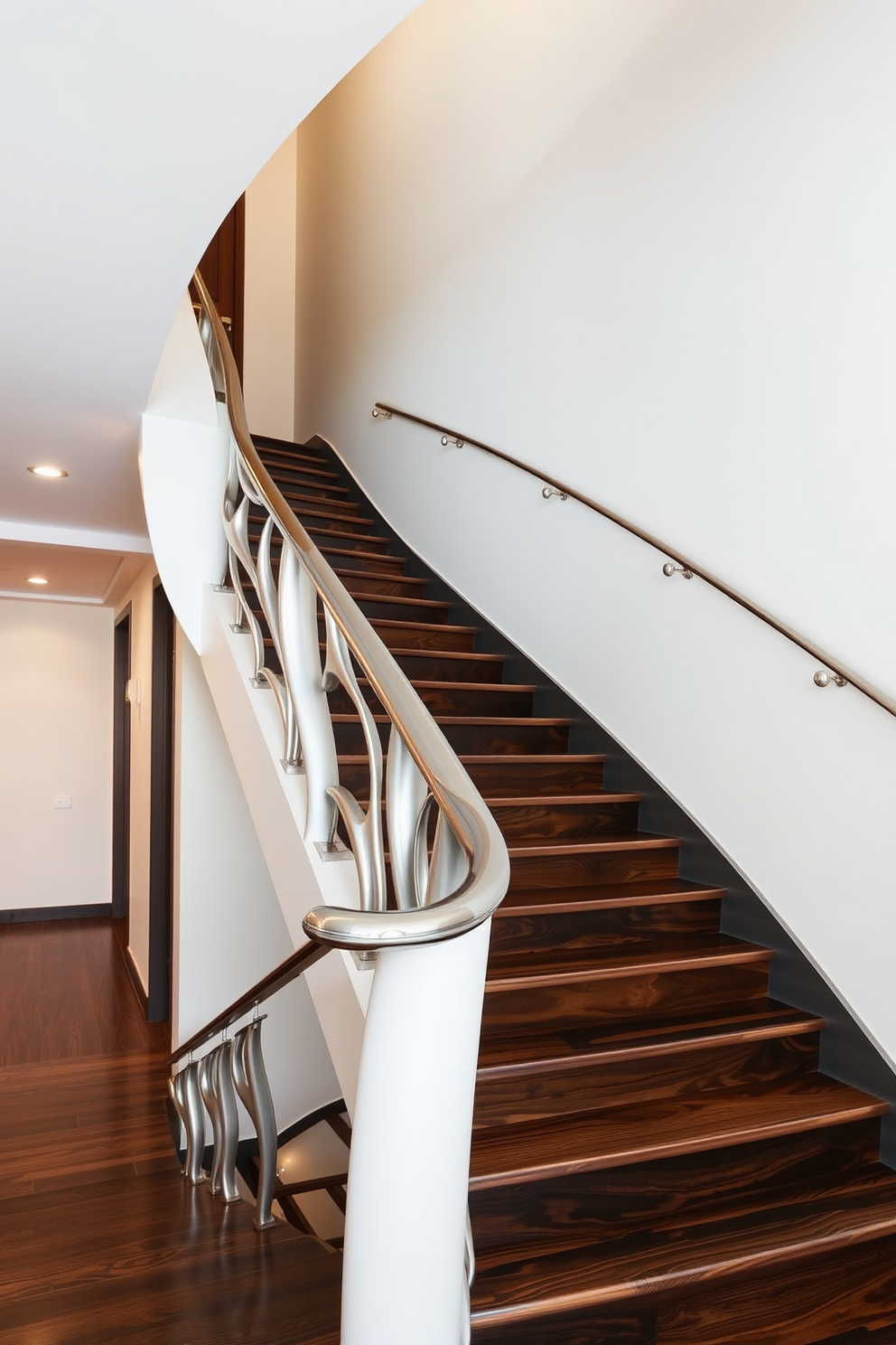 A stunning transitional staircase featuring a combination of wood and metal materials. The staircase boasts a sleek wooden handrail complemented by wrought iron balusters, creating an inviting and elegant focal point in the entryway. Natural light floods the space through large windows, highlighting the rich grain of the wooden treads. The walls are adorned with soft neutral tones, enhancing the staircase's modern yet timeless appeal.