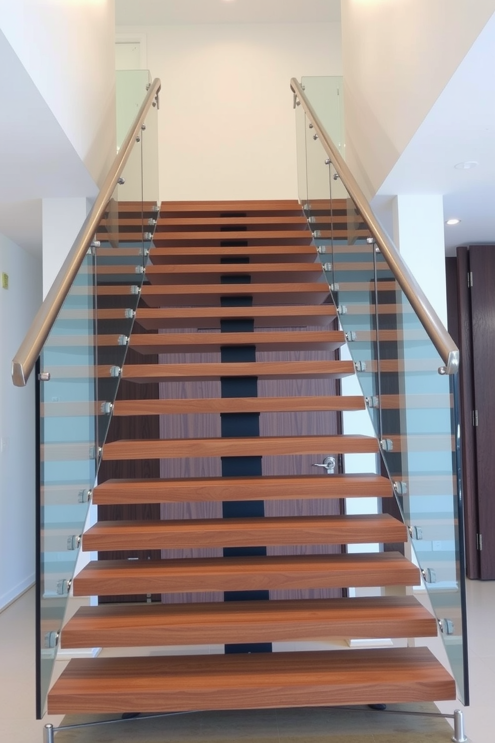 A striking architectural staircase with angular lines creates a focal point in the space. The staircase features a sleek wooden handrail and glass balustrades, allowing natural light to flow through. The treads are crafted from polished concrete, providing a modern aesthetic. Below the staircase, a minimalist console table showcases decorative art pieces and a stylish lamp.