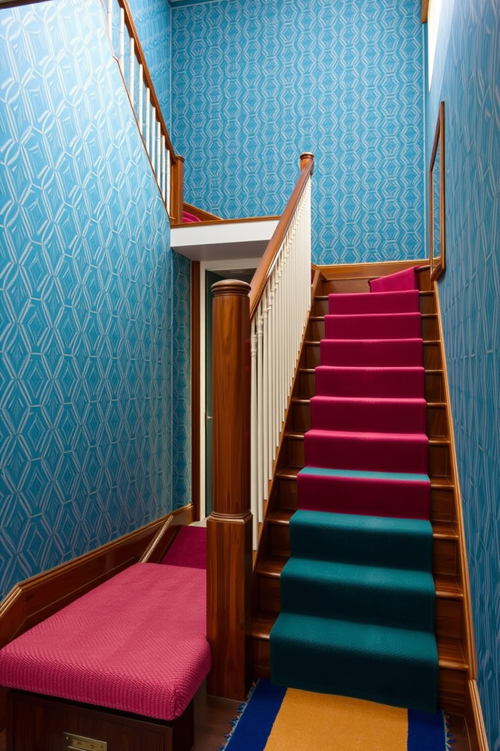 A bold colored staircase commands attention with its vibrant hues that contrast beautifully against the sleek railings. The design incorporates unique materials and finishes that enhance the overall aesthetic, creating a striking focal point in the space. The staircase features a mix of geometric shapes and flowing lines, showcasing a bespoke design that reflects the homeowner's personality. Carefully selected colors and textures harmonize to create an inviting and dynamic atmosphere.