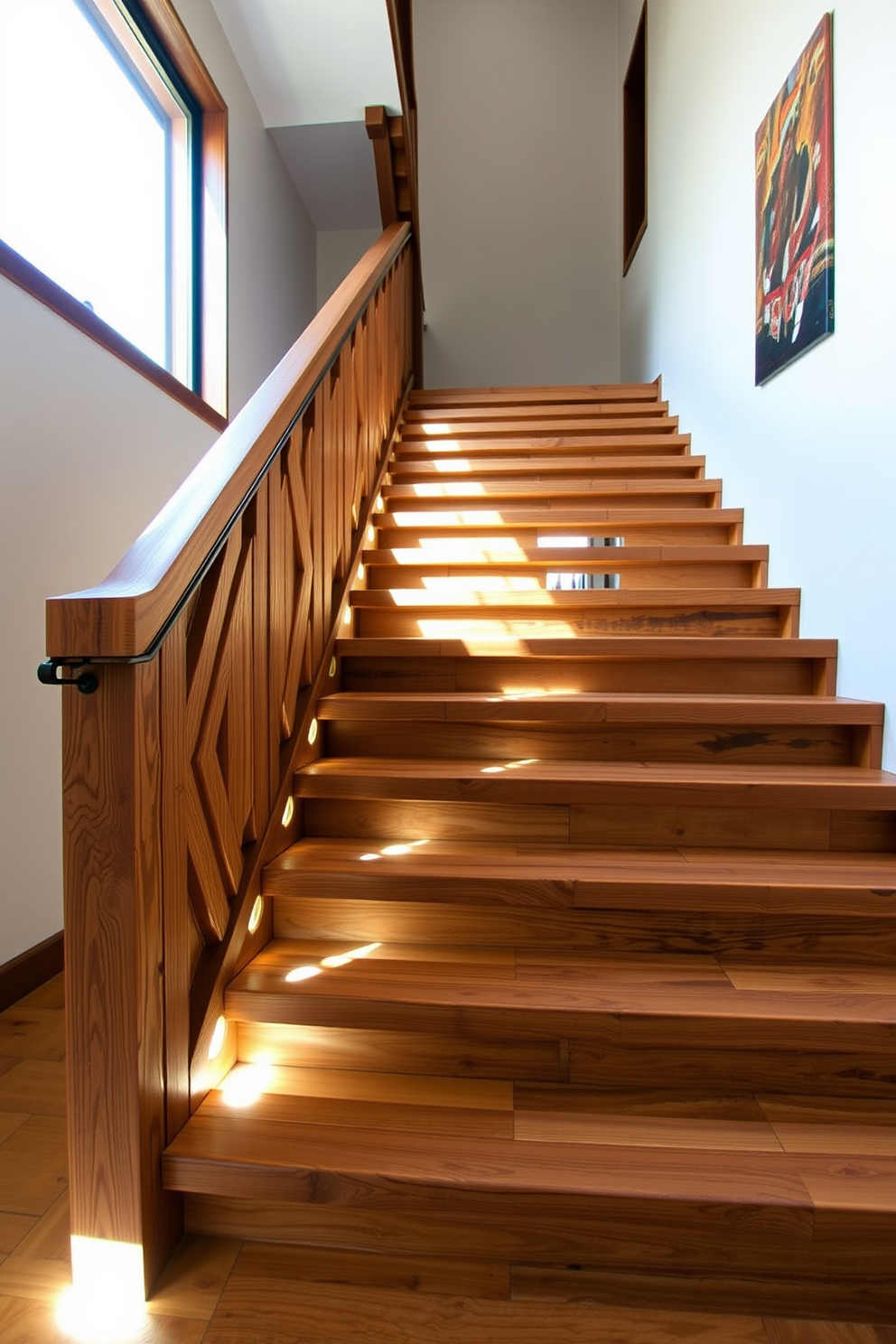 An art deco inspired staircase features bold geometric shapes and luxurious materials. The staircase is adorned with intricate metal railings and a rich wooden finish that reflects elegance and sophistication. Bespoke staircase design ideas showcase unique elements tailored to the space. Custom lighting fixtures illuminate the staircase, highlighting its architectural beauty and creating a stunning focal point in the home.