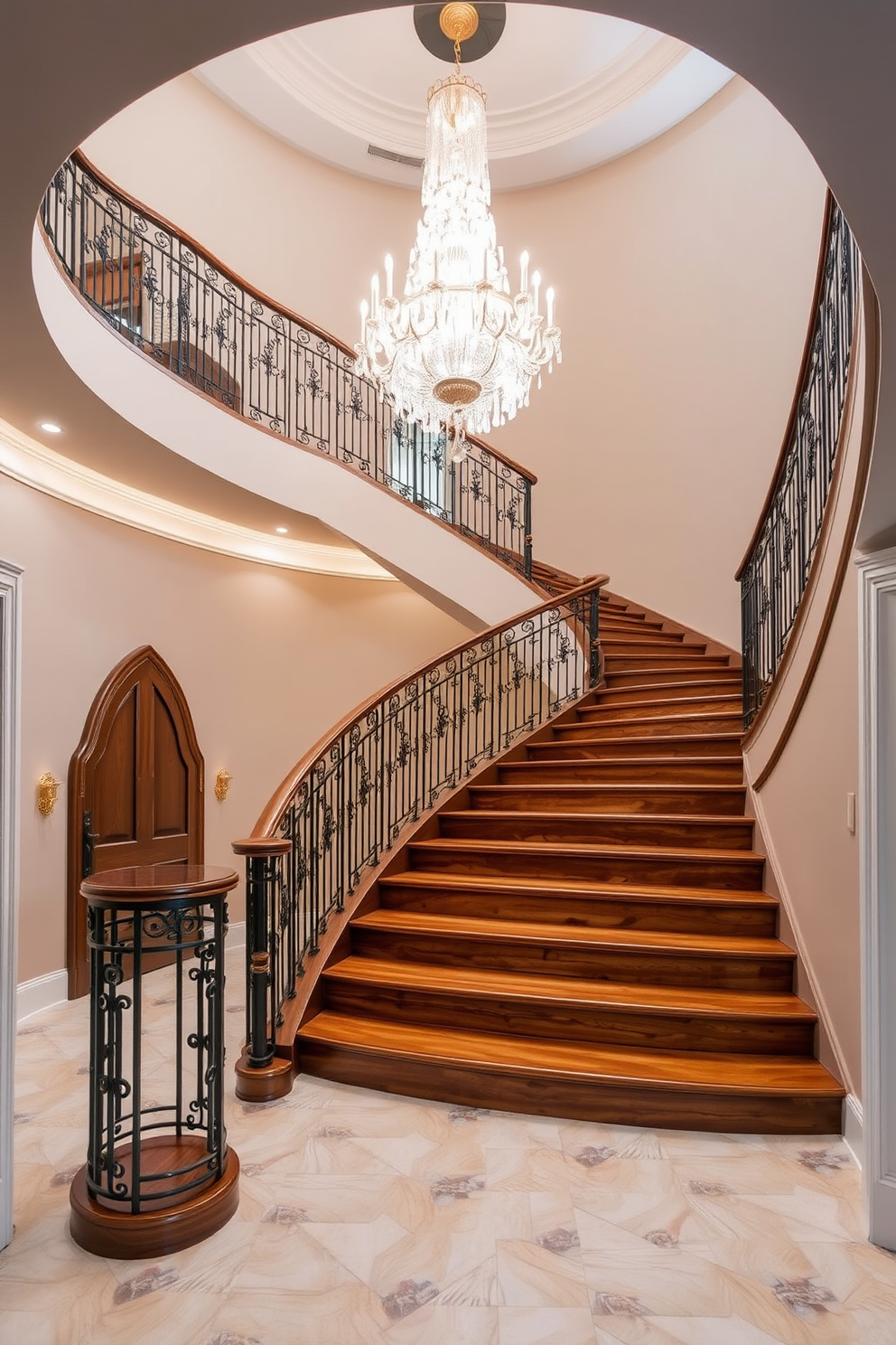 A stunning staircase features a sleek modern glass balustrade that enhances the open feel of the space. The treads are crafted from rich hardwood, creating a warm contrast against the minimalist design of the glass. The staircase is illuminated by strategically placed recessed lighting that highlights its elegant lines. A subtle runner in a neutral tone adds comfort while maintaining the contemporary aesthetic.