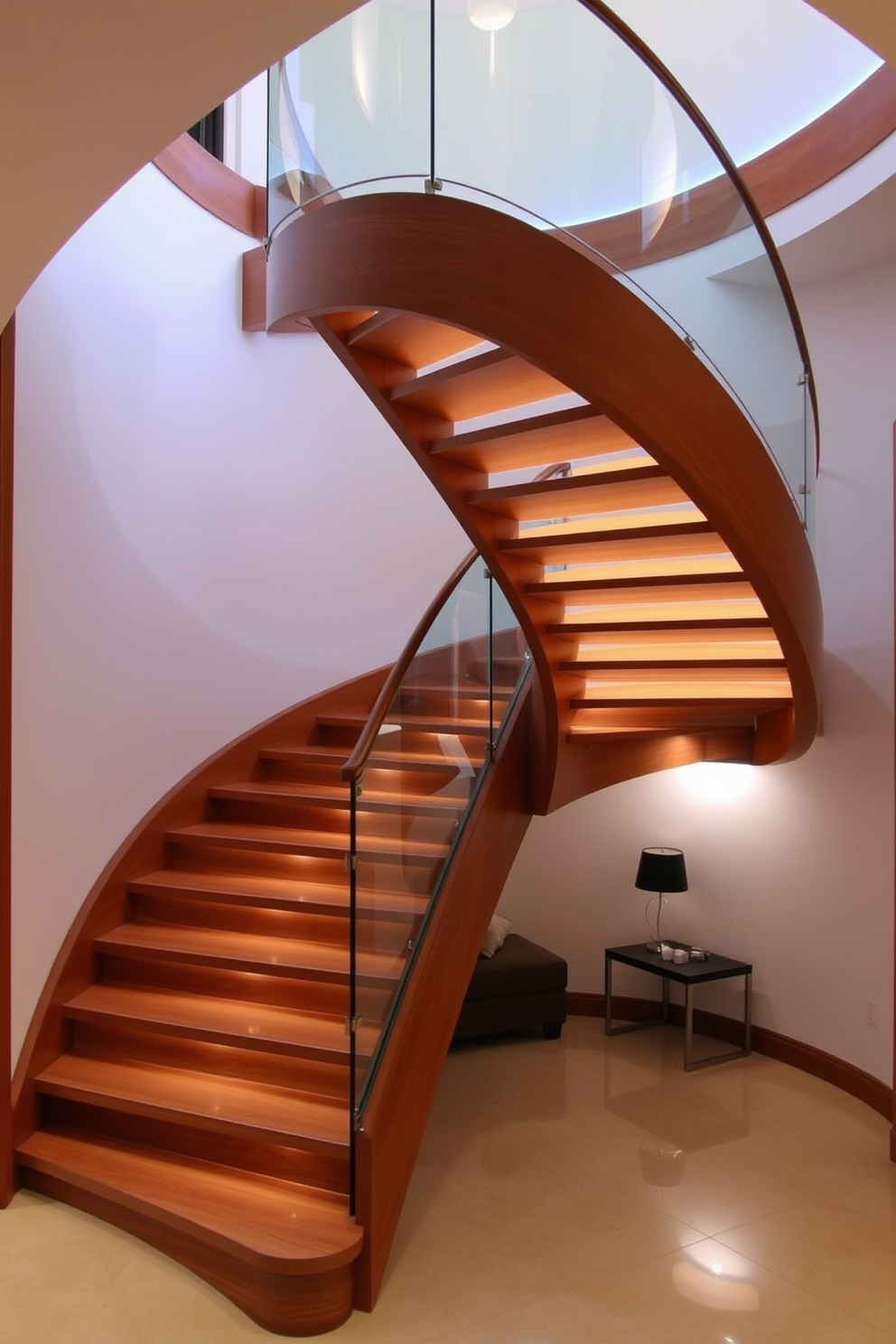 A stunning curved staircase gracefully ascends, showcasing intricate ornate balustrades that add a touch of elegance. The staircase is crafted from rich hardwood, with a smooth finish that complements the surrounding decor. The walls are adorned with tasteful artwork, enhancing the beauty of the staircase. Soft lighting illuminates the space, creating a warm and inviting atmosphere.