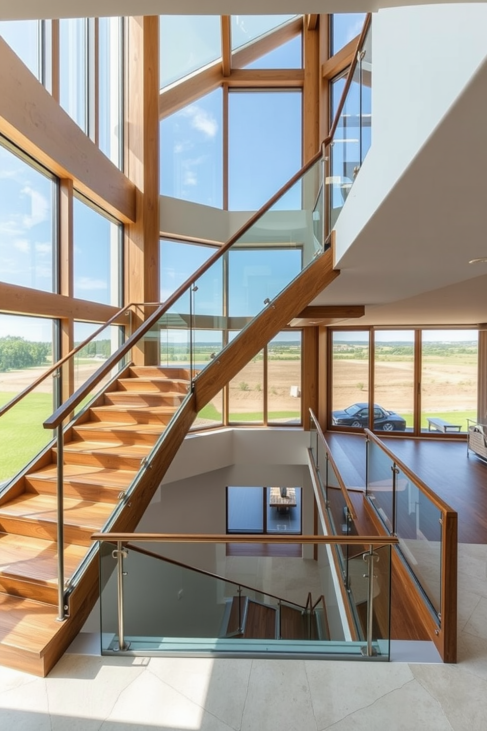 A unique staircase with an asymmetrical design features floating wooden steps that create a striking visual effect. The railing is made of sleek glass, enhancing the modern aesthetic while allowing light to flow through the space. Bespoke staircase design ideas include incorporating built-in lighting along the edges of each step for added safety and ambiance. A combination of materials such as metal and wood can be used to create a stunning contrast that complements the overall interior theme.