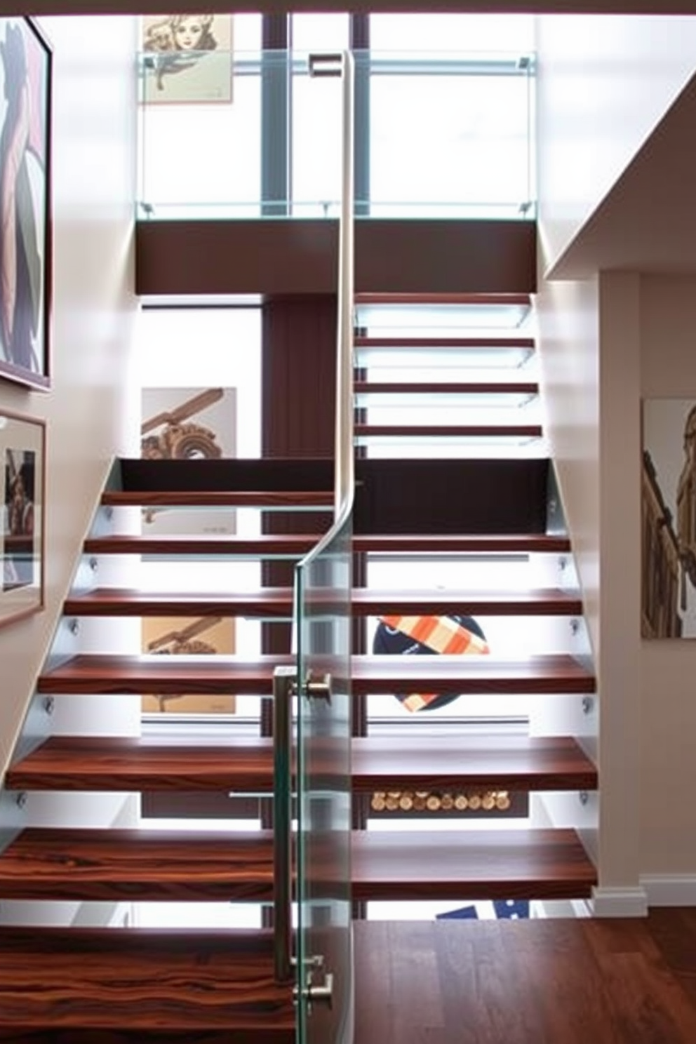 A stunning geometric staircase featuring a striking patterned tile that contrasts beautifully with the surrounding walls. The staircase is illuminated by natural light streaming in from a large window, highlighting the intricate details of the tile design. The bespoke staircase design incorporates sleek lines and modern materials, creating a sense of elegance and sophistication. Each step is carefully crafted to ensure both style and functionality, making it a focal point of the interior space.