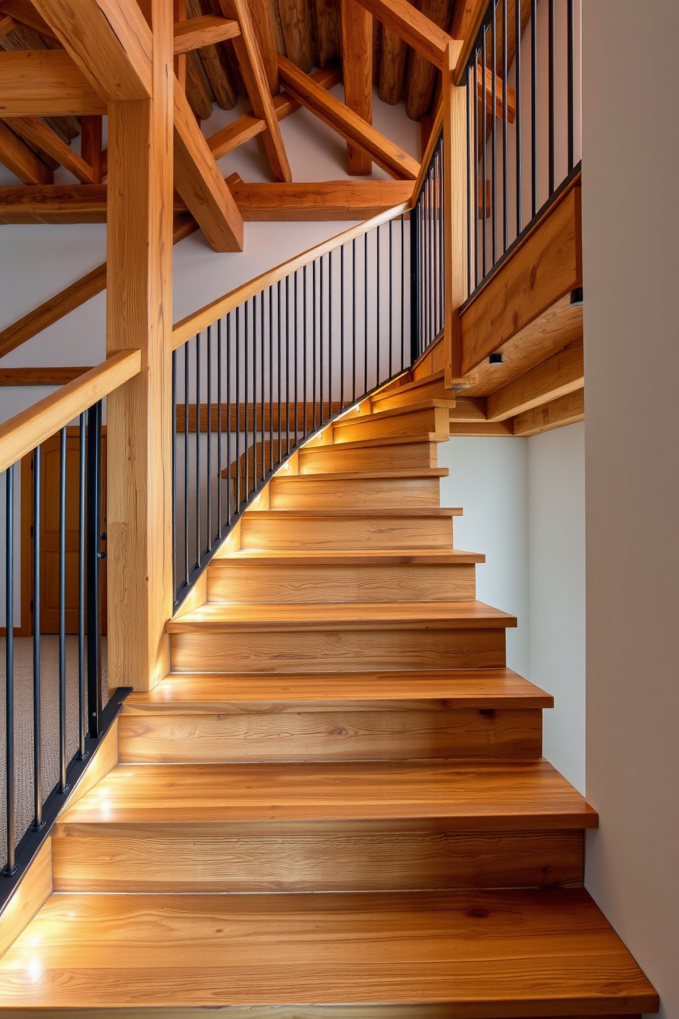 A rustic farmhouse staircase made of reclaimed wood with a wide, inviting landing at the top. The balusters are crafted from wrought iron, adding a touch of elegance to the natural wood finish. The staircase features a series of wooden steps that showcase the unique grain and texture of the reclaimed wood. Soft, warm lighting illuminates the space, highlighting the charm and character of the design.