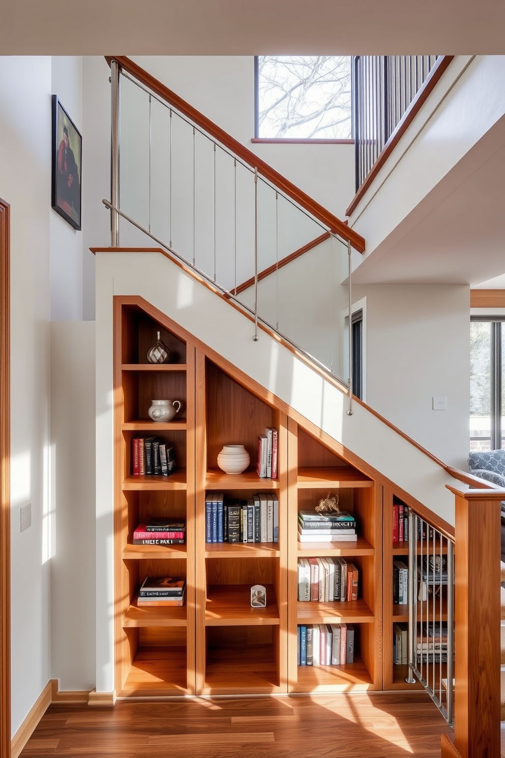 A striking two-tone painted staircase features a vibrant blue base with a contrasting bright yellow railing. The steps are adorned with geometric patterns that add a modern touch to the overall design. The staircase is illuminated by stylish pendant lights, enhancing its bold colors and creating a welcoming atmosphere. Surrounding the staircase, the walls are decorated with contemporary artwork that complements the design.