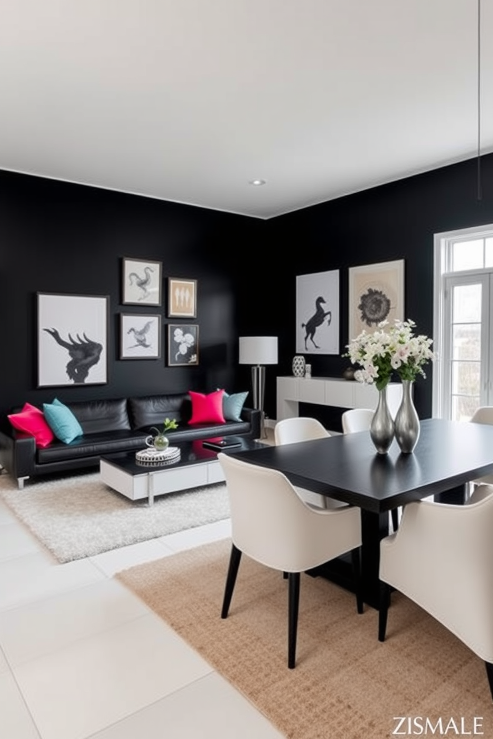 A bold black accent wall serves as the focal point of the living room, creating a striking contrast with the light-colored furniture. The space features a sleek black sofa paired with vibrant throw pillows, and modern art pieces adorn the wall, enhancing the dramatic atmosphere. In the dining area, a stylish black dining table is surrounded by elegant white chairs, creating a chic and contemporary look. Large windows allow natural light to filter in, highlighting the sophisticated decor and adding warmth to the overall design.