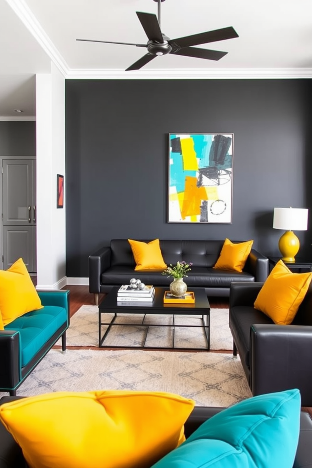 A modern apartment featuring black walls that create a dramatic backdrop. Vibrant accents of teal and mustard yellow are incorporated through furniture and decor, adding energy to the space. The living area showcases a sleek black sofa paired with colorful throw pillows. A bold abstract art piece hangs above a black coffee table, enhancing the room's dynamic feel.