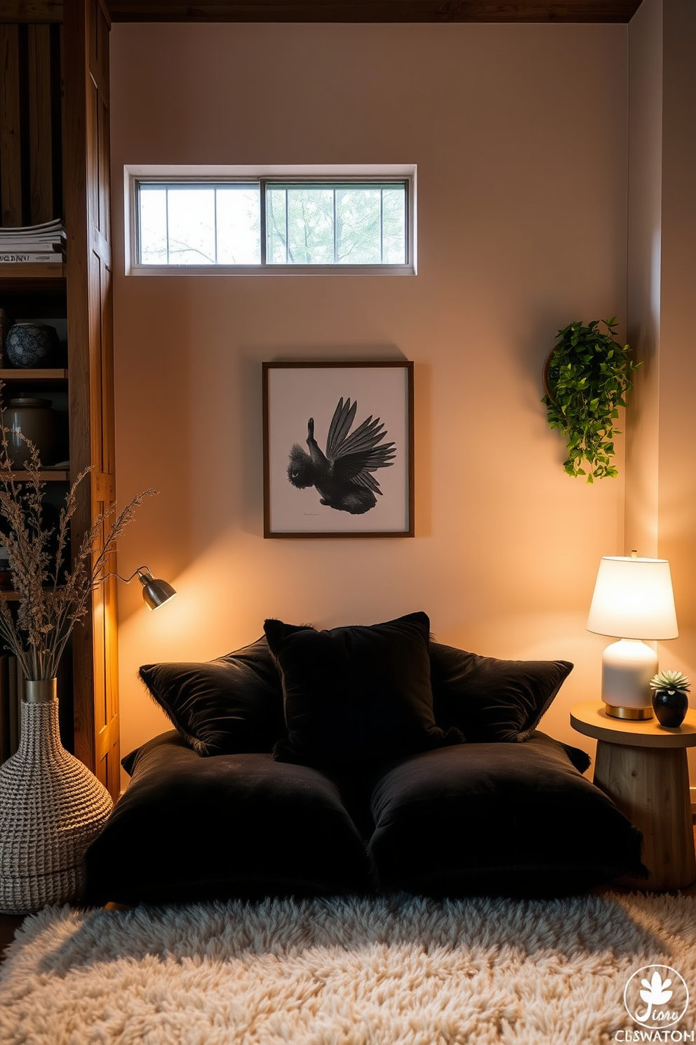 A striking black-walled apartment features rich wooden beams and furniture that create a warm contrast. The living area showcases a sleek black sofa paired with a reclaimed wood coffee table, enhancing the modern yet cozy atmosphere. In the kitchen, black cabinetry is complemented by a wooden island with bar stools for a functional and stylish space. Large windows allow natural light to flood in, highlighting the intricate details of the wooden accents throughout the apartment.